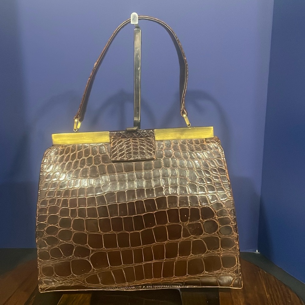 Vintage Lesca 1950s Brown Crocodile Kelly Handbag Leather Lined